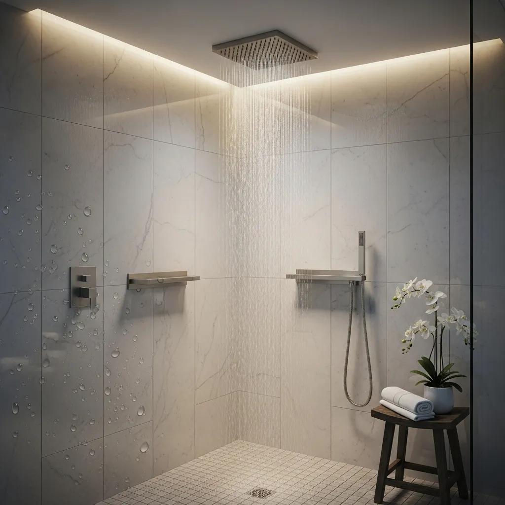 Premium shower set in a modern bathroom with rain shower head and elegant decor