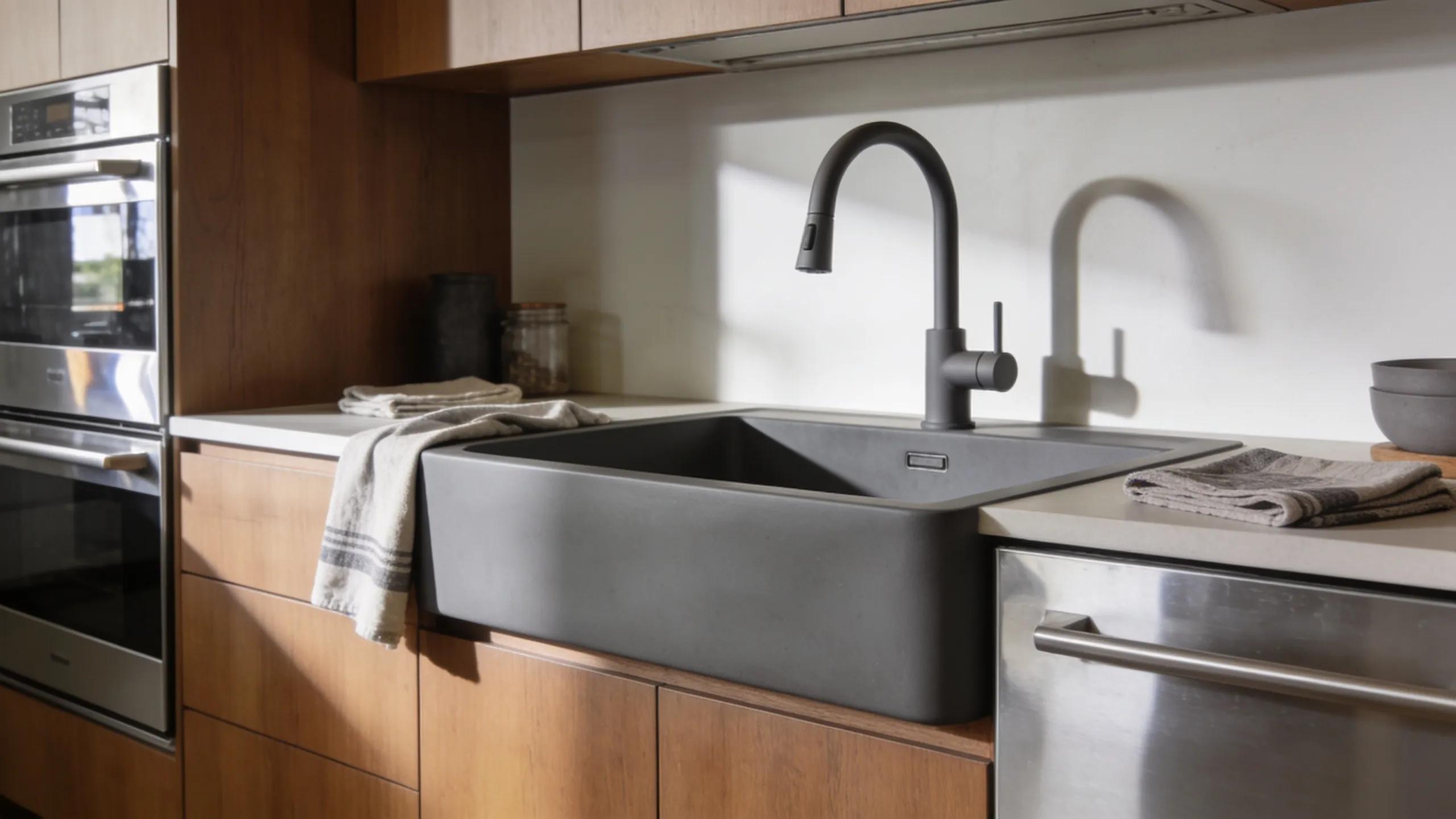 Modern kitchen featuring a gun grey matte finish sink in a stylish contemporary setting