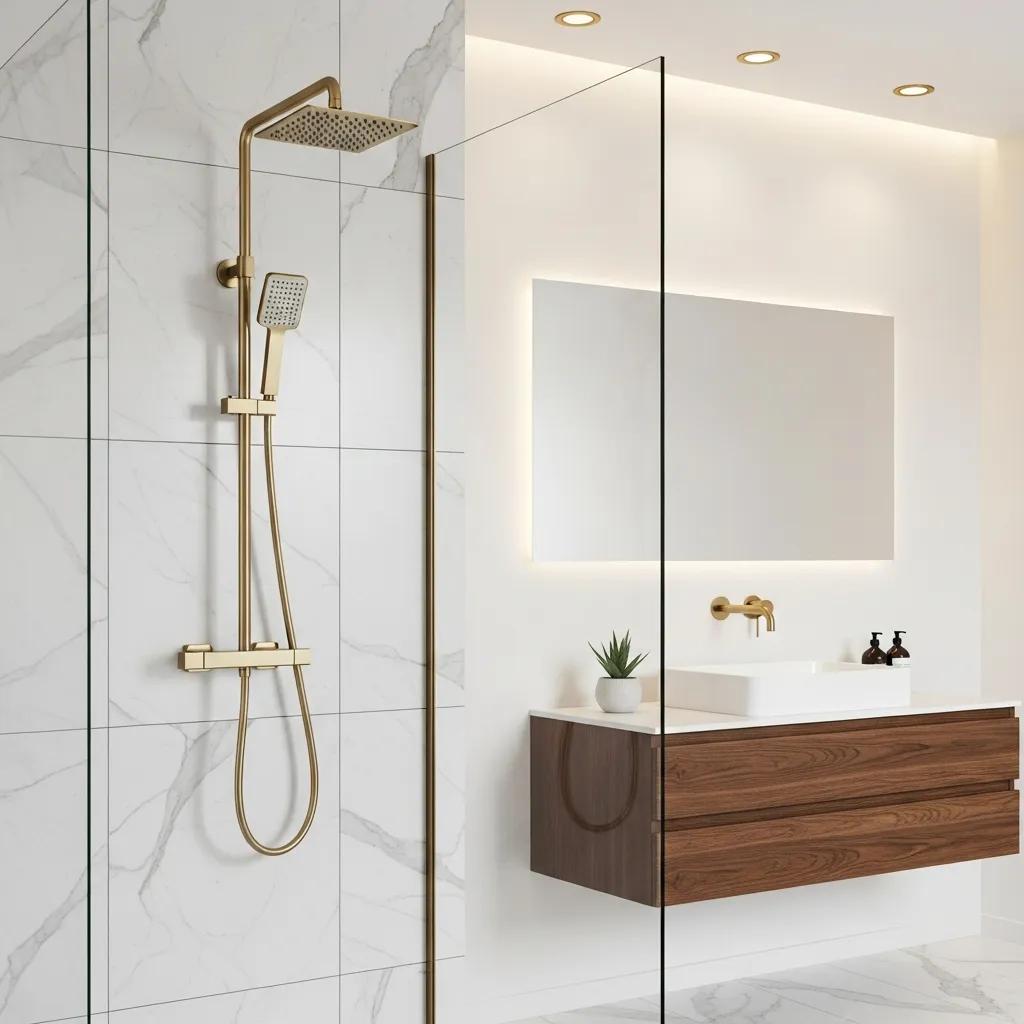 Modern bathroom with Camden shower set highlighting premium design and materials