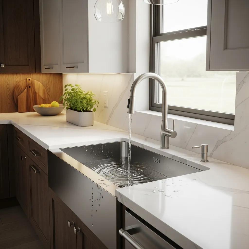 Modern kitchen featuring a premium stainless steel sink with elegant cabinetry and natural lighting