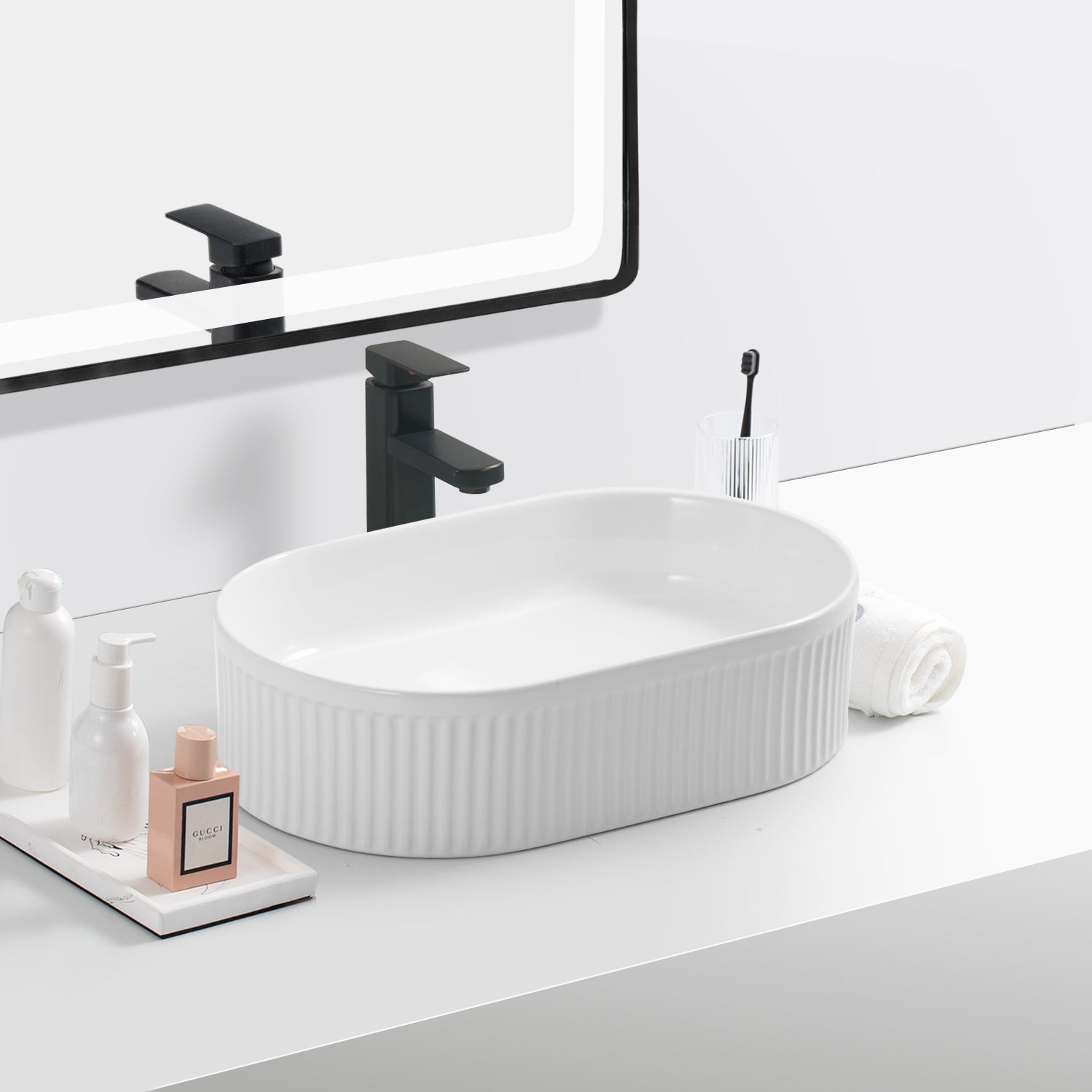 9726 Gloss White Oval Fluted Above counter ceramic Basin